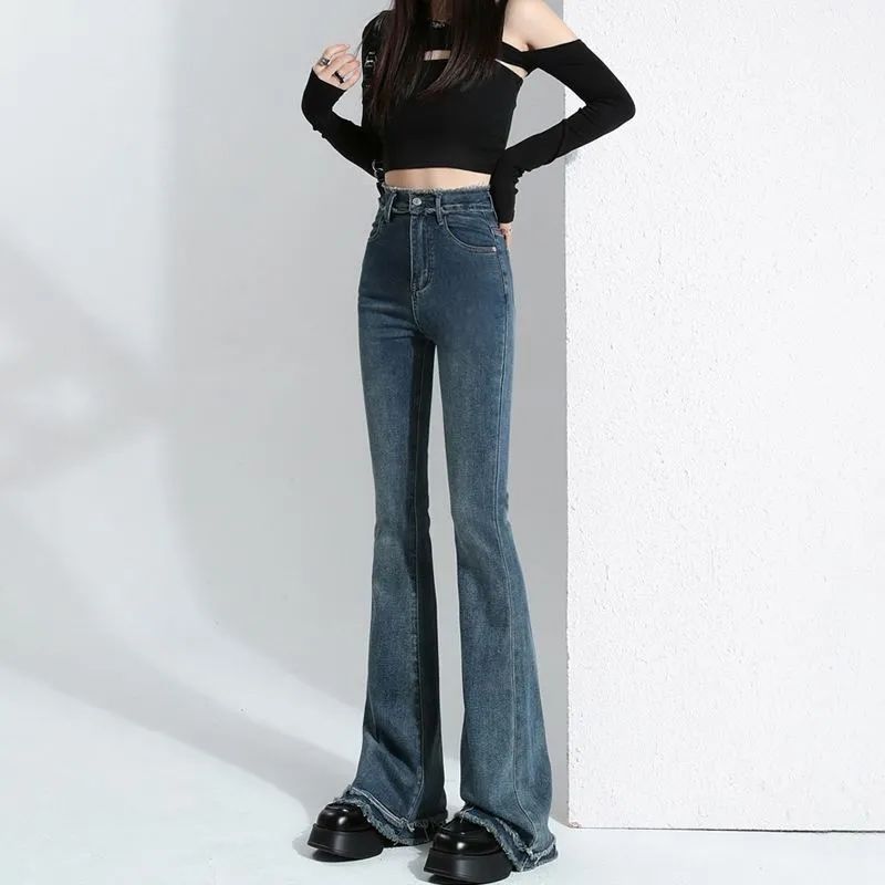復古微喇牛仔褲女2023春秋新款腰顯瘦馬蹄褲高個子毛邊修身喇叭褲