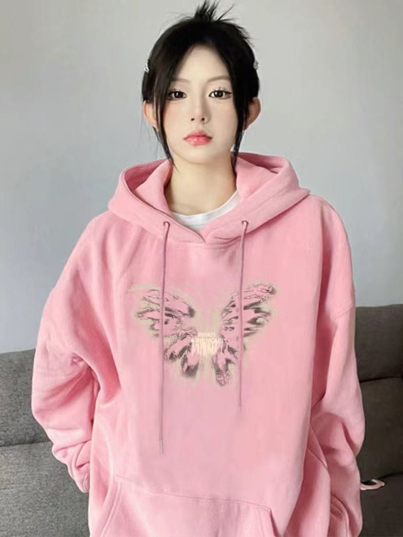 Light pink velvet thickened sweatshirt for women autumn and winter 2023 new dopamine wear hooded long-sleeved top for small people