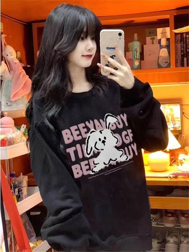 潮流港風甜美印花圓領無帽衛衣女學院風ins洋氣休閒風秋冬季外套