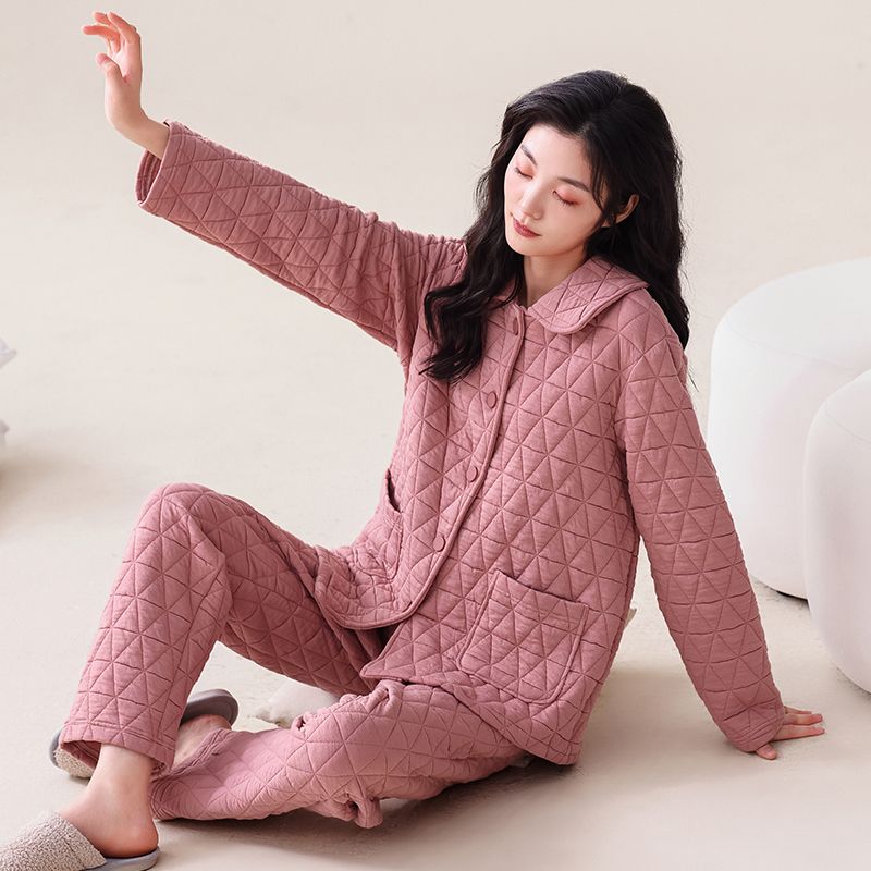 外穿一等品女士睡衣薄夾棉純棉三層空氣棉夾層100全棉秋冬款開衫
