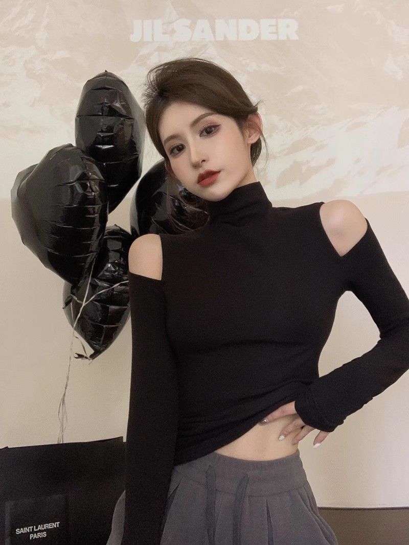 磨毛加絨半高領打底衫女秋季2023新款港味設計感露肩內搭長袖上衣