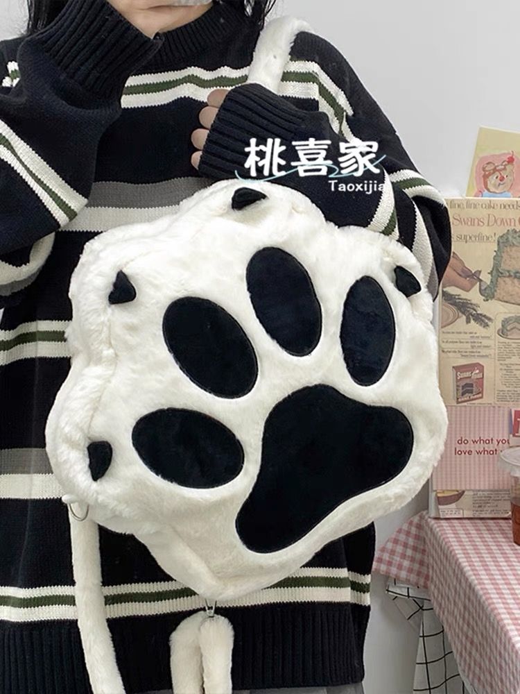 秋冬新款個性少女可愛爪子毛絨包雙肩包大容量百搭毛毛包斜挎包萌