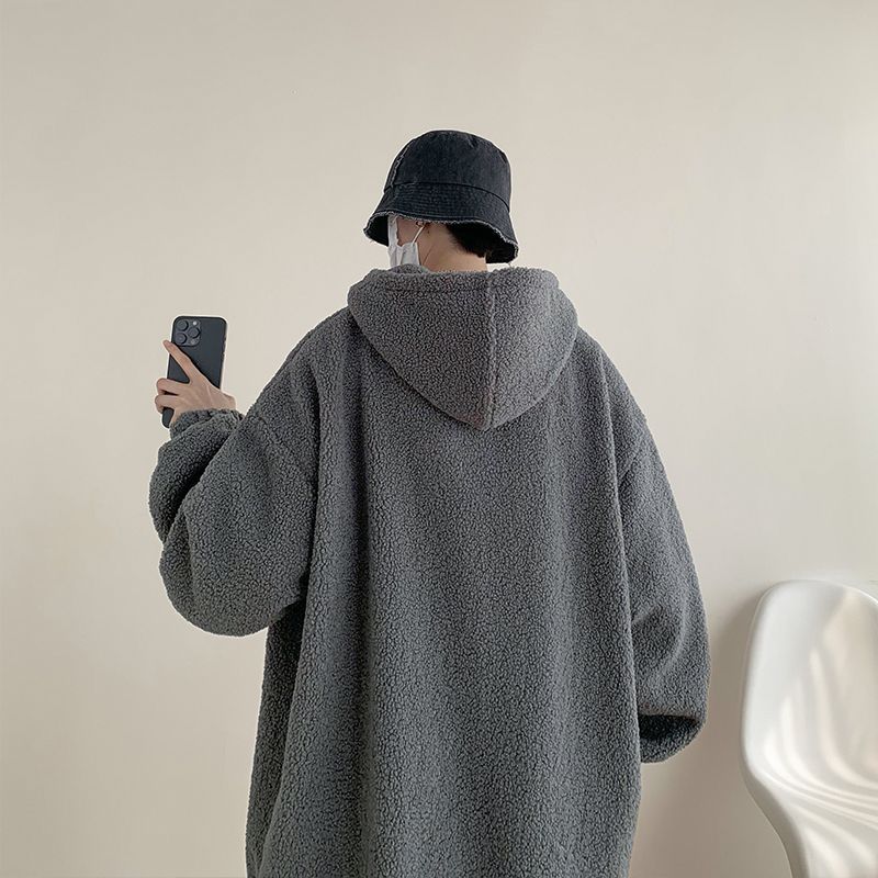 Lamb fleece thickened warm sweatshirt men's winter American fashion brand retro lazy style heavy hooded jacket handsome