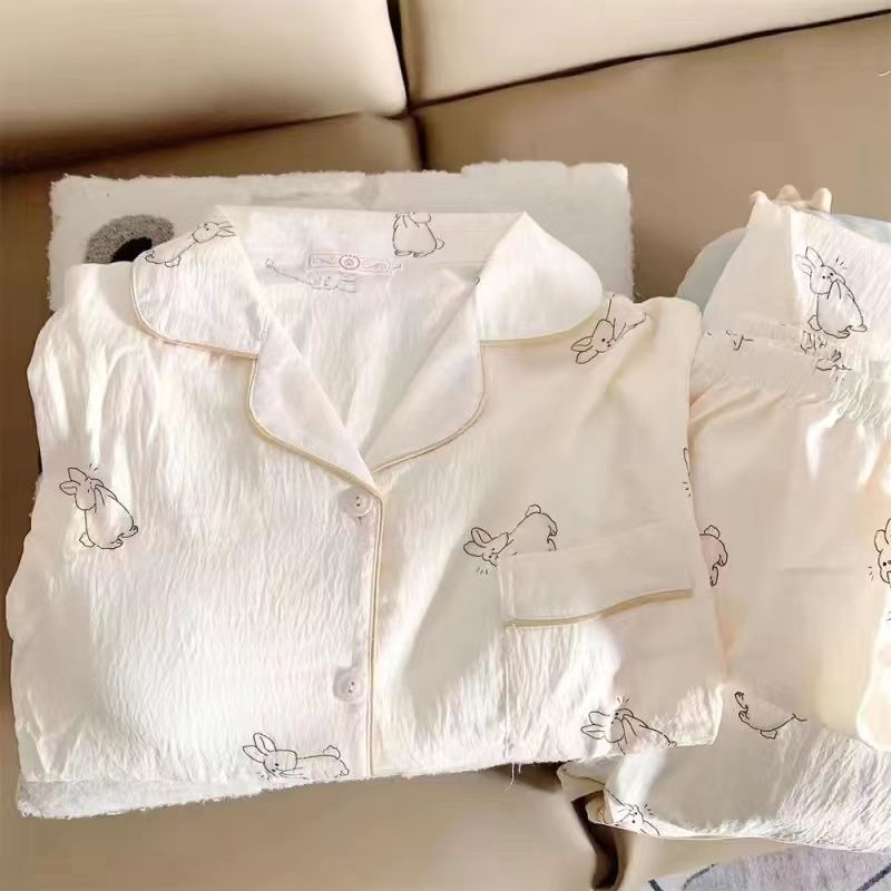春秋夏睡衣女純棉長袖帶胸墊開衫可愛兔子日系ins學生秋冬家居服