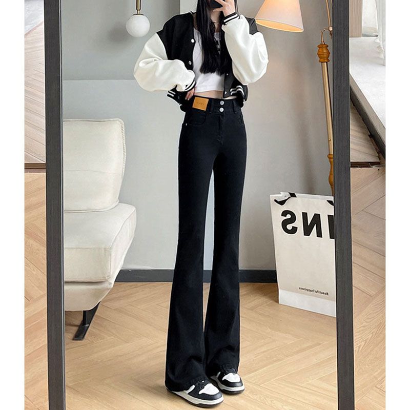 高腰喇叭褲微喇小個子牛仔褲女彈力2023年春秋新款顯瘦拖地馬蹄褲