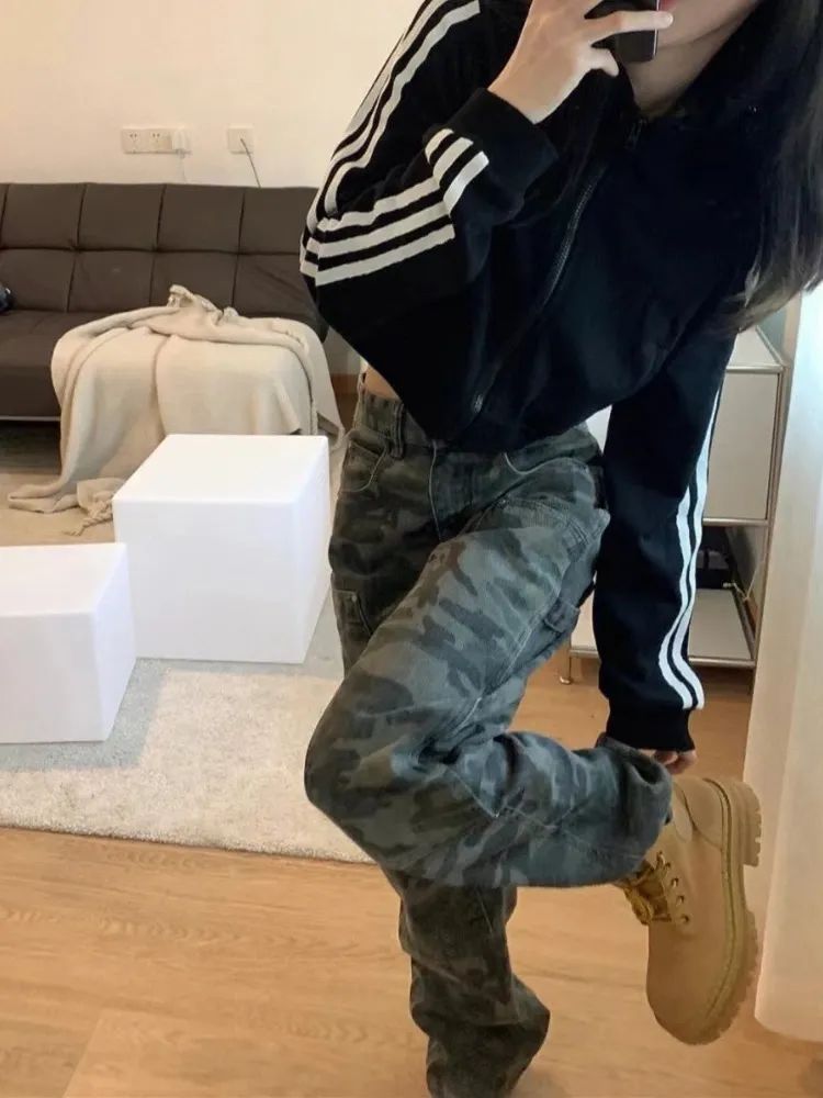 美式復古高腰牛仔褲女hiphop街頭迷彩設計感小眾直筒褲高街ins潮
