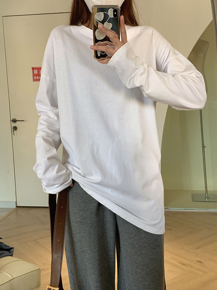 白色長袖t恤女2023秋裝寬鬆衛衣疊穿內搭打底衫100%純棉長袖上衣