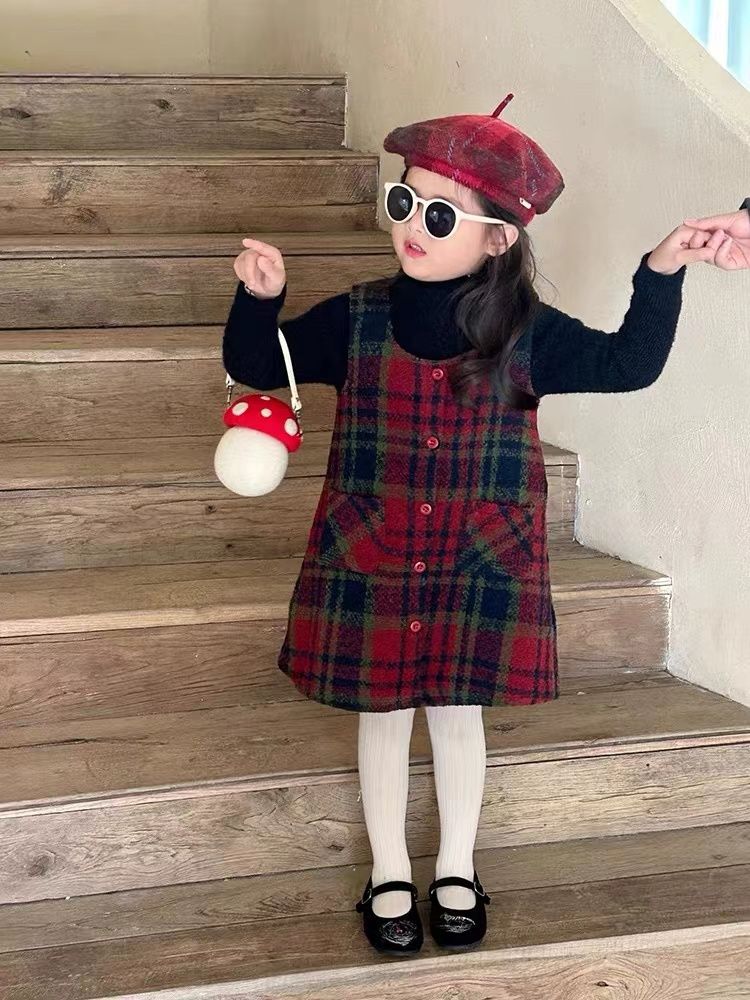 Girls Dress Autumn and Winter Korean Children's Clothing  New Little Girls Style Plaid Vest Dress Baby Princess Dress