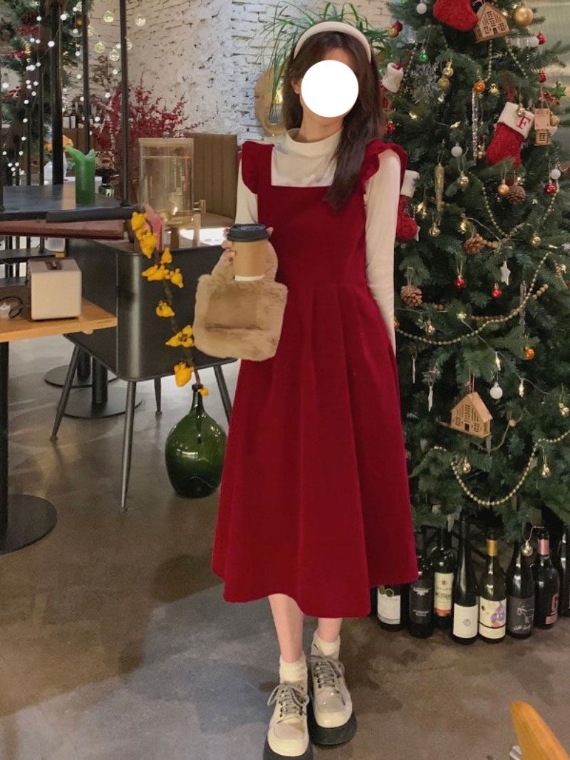 2023年秋冬季紅色聖誕新年復古高腰系帶絲絨木耳邊連衣裙女兩件套