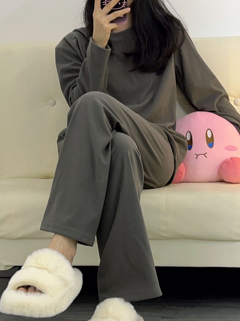 德絨睡衣女冬季秋款氣質深灰時尚寬鬆大碼長袖長褲保暖家居服套裝
