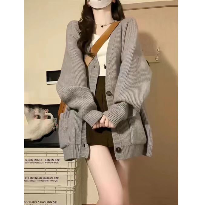 Gray sweater women's new autumn and winter style loose thickened cardigan sweater jacket ns top outer wear trendy