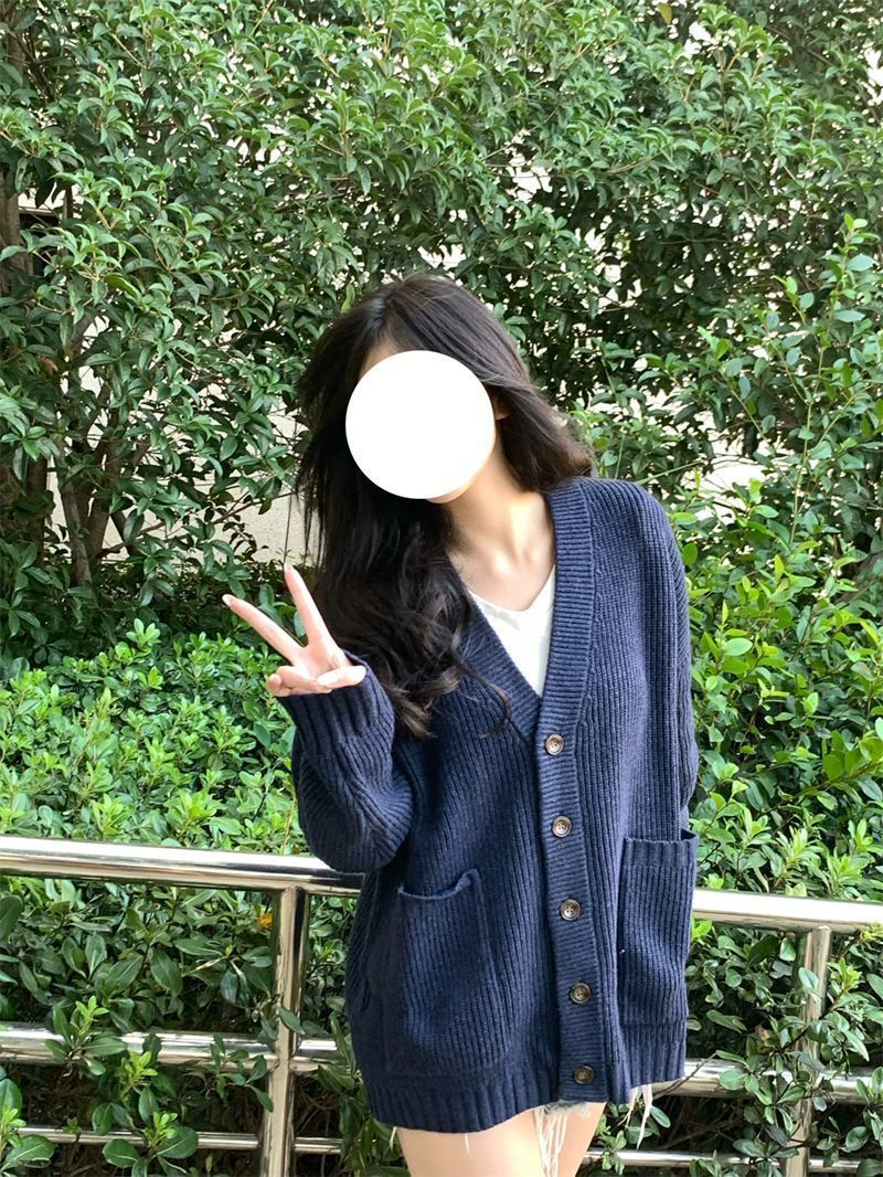 Autumn and winter new mid-length navy blue v-neck cardigan for students solid color lazy long-sleeved loose outer sweater for women