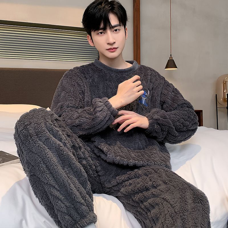 新款珊瑚絨睡衣男冬季青少年可外穿套裝男秋冬法蘭絨高顏值家居服