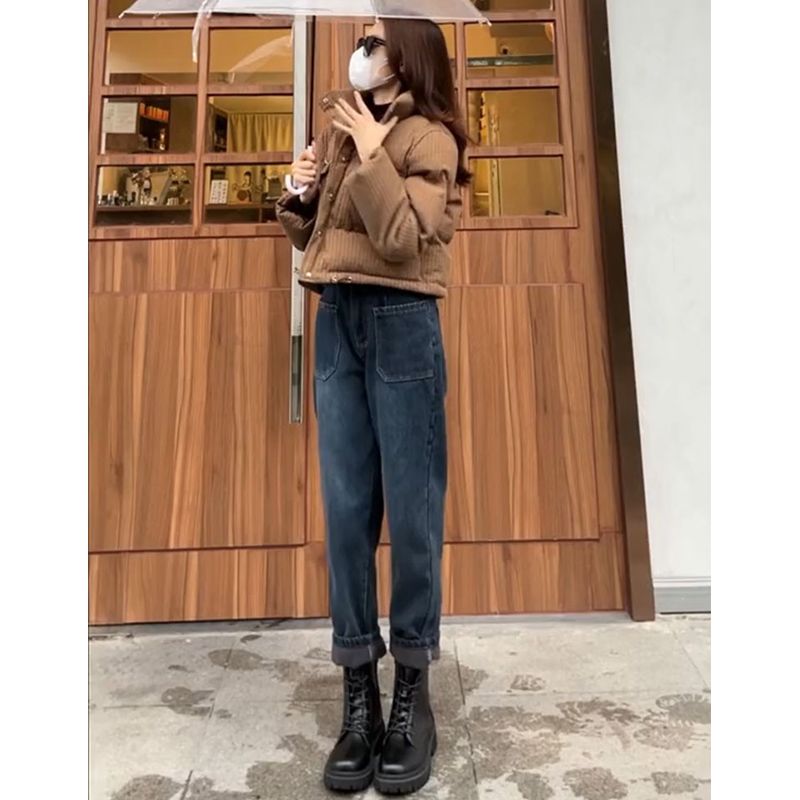 復古加絨哈倫牛仔褲女冬季新款梨形身材顯瘦大碼高腰九分老爹褲子