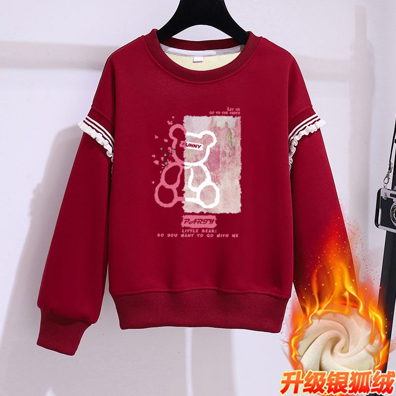 Girls sweatshirt round neck splicing lace winter new plus velvet warm red festive loose Korean ins style long sleeves