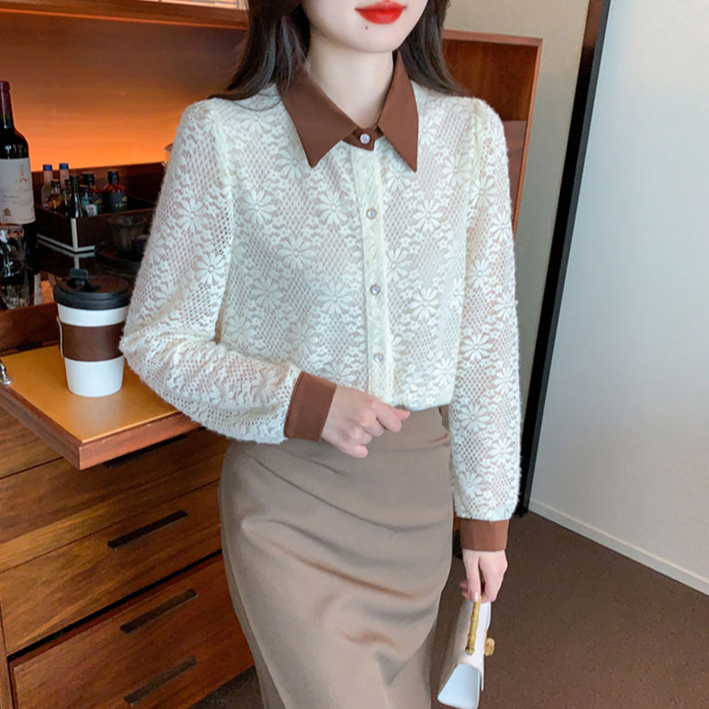 法式蕾絲加絨打底衫女秋冬2023新款洋氣減齡襯衫內搭長袖保暖上衣
