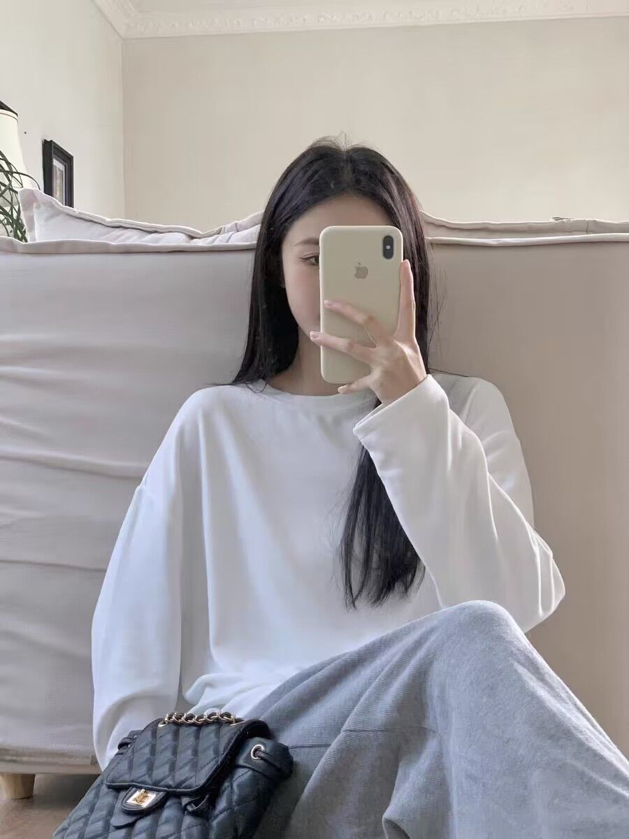 雙面自發熱德絨圓領打底衫女秋冬內搭純色百搭修身長袖磨毛T恤潮