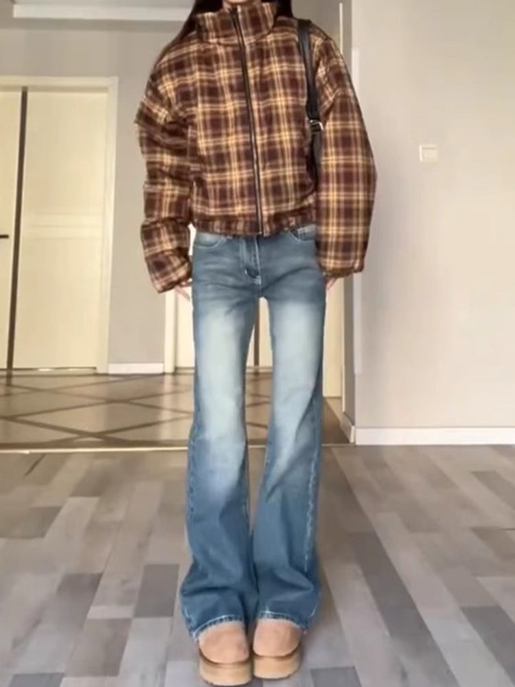 美式復古低腰微喇叭牛仔褲女秋冬季新款寬鬆闊腿顯瘦百搭直筒褲子