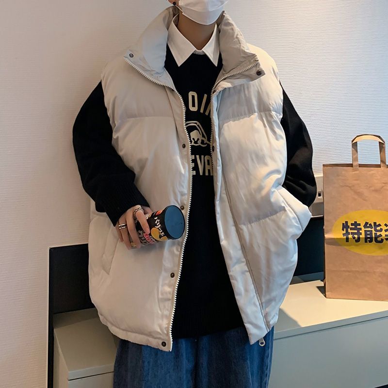 Solid color cotton coat vest for men in winter versatile outer wear stand collar coat winter loose sports Korean style trendy cotton vest
