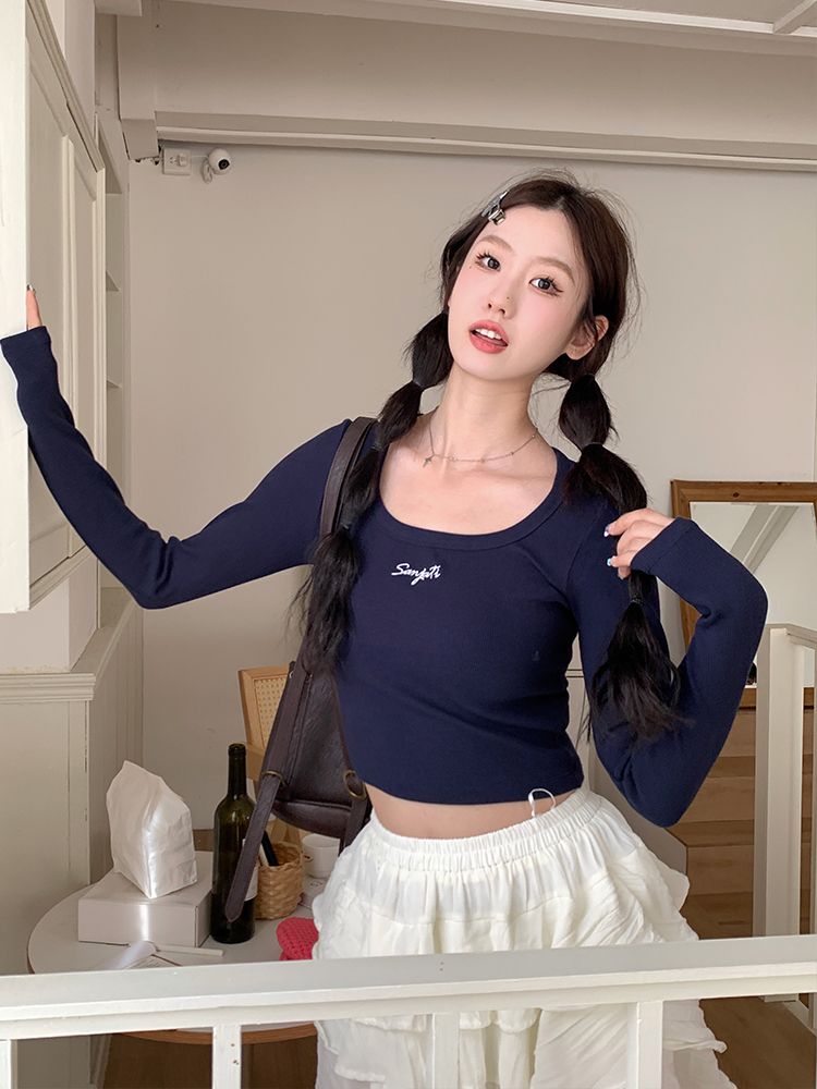 美式刺繡洋氣正肩長袖上衣甜美純欲風短款修身顯瘦辣妹打底ins潮