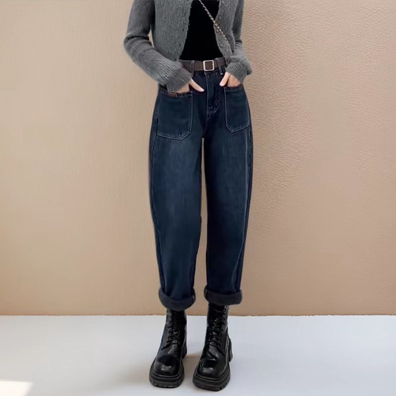 2023秋冬新款加絨加厚大碼哈倫牛仔褲女胖妹妹mm寬鬆顯瘦老爹褲子