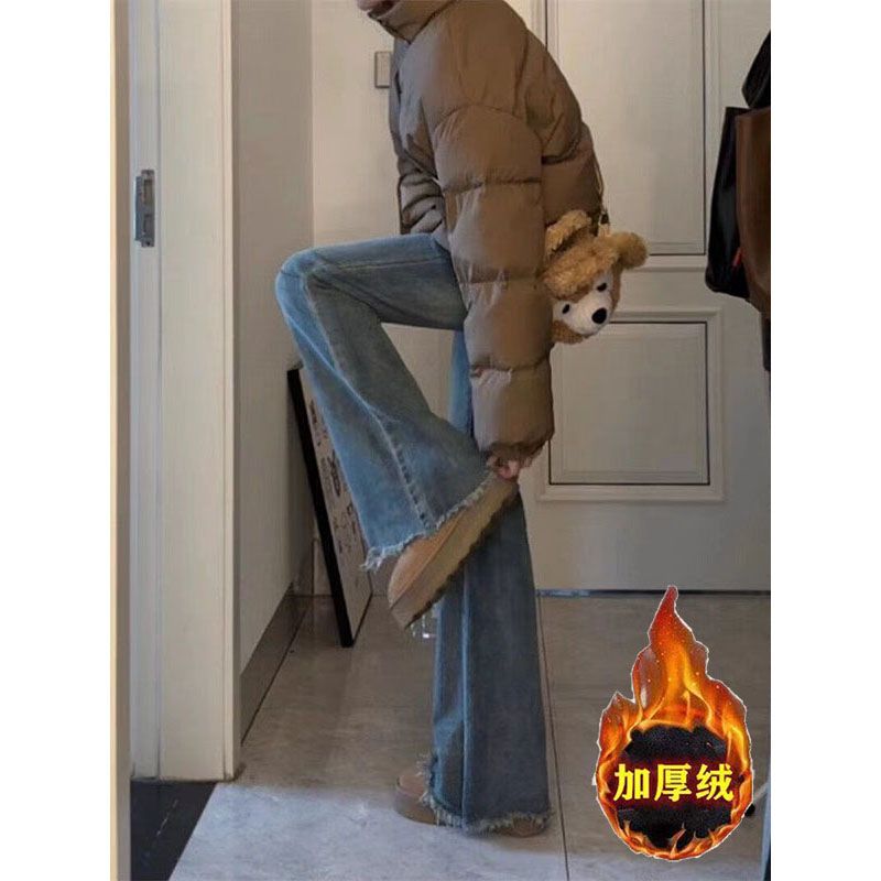 加絨加厚復古馬蹄牛仔褲女秋季高腰彈力修身直筒微喇叭拖地長褲子
