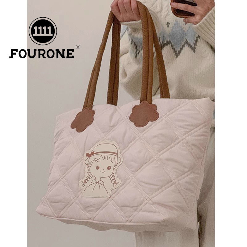 Student casual down bag women's new trendy Korean version cute rhombus tote bag large capacity bag