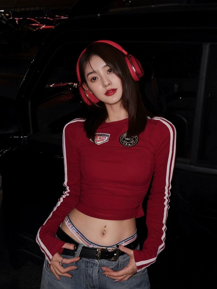 美式辣妹撞色條紋長袖T恤女秋冬新款緊身顯瘦紅色上衣內搭打底衫