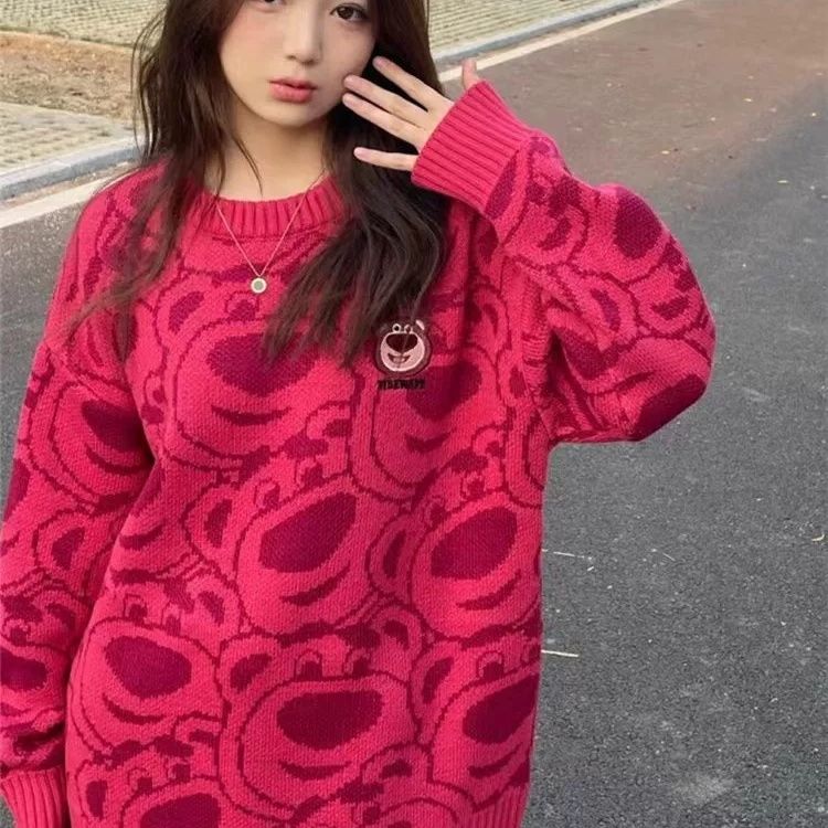 2023秋冬新款草莓熊套頭毛衣韓版小眾設計感女士上衣慵懶風針織衫