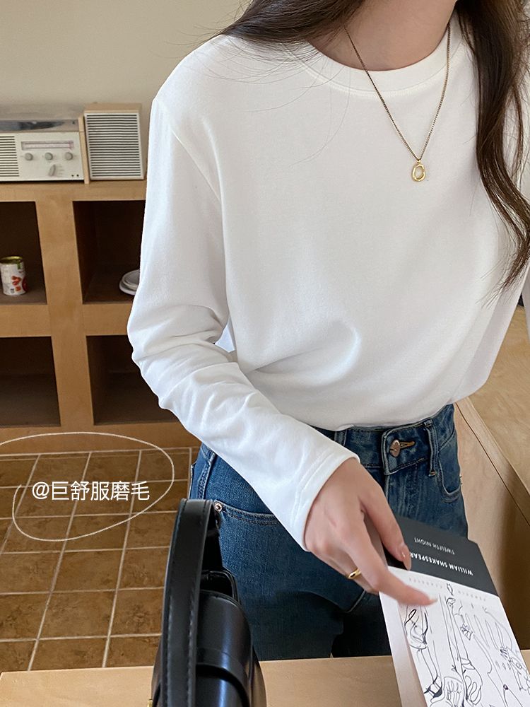 純棉白色打底衫女春秋2023新款長袖內搭上衣韓版寬鬆黑色圓領T恤