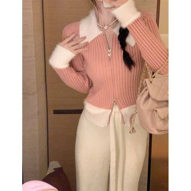 Pink patchwork sweater for women in autumn and winter, pure lust, sweet and spicy, slim design, fur collar, zipper cardigan, short top