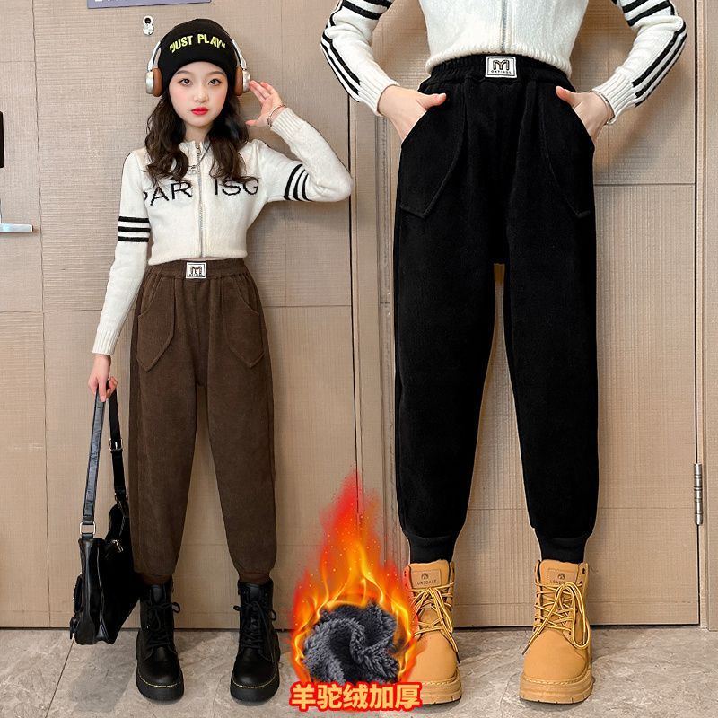 女童褲子秋冬款外穿女孩一體絨加絨加厚冬季中大童燈芯絨兒童棉褲