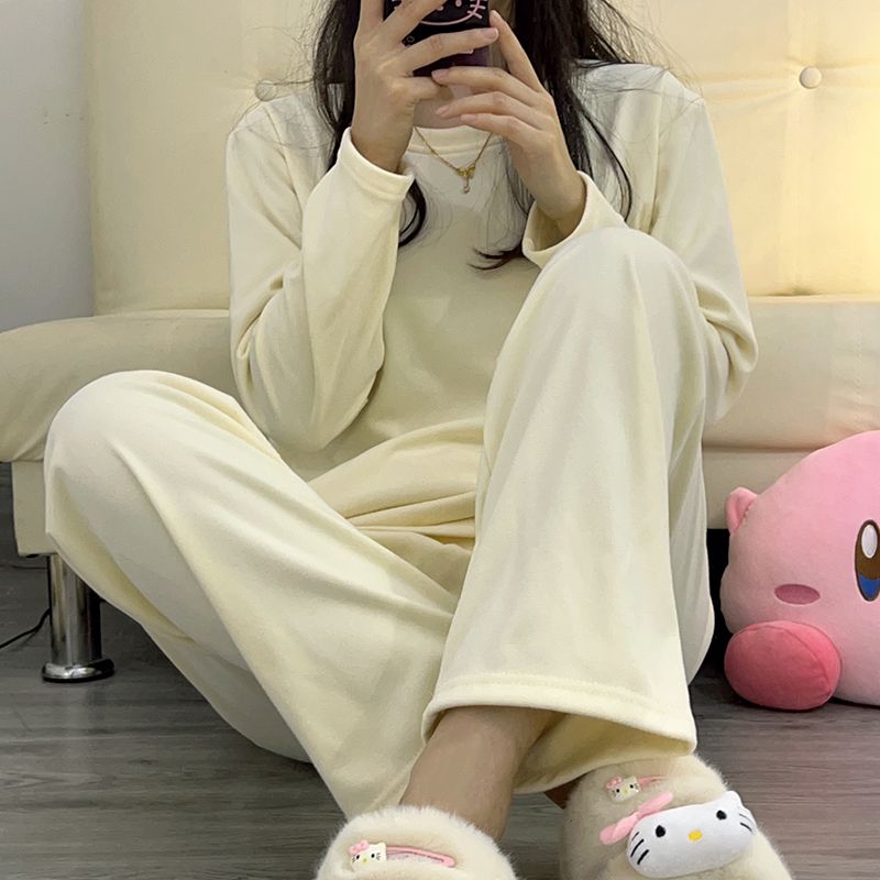 秋冬德絨秋衣秋褲女士發熱防寒寬鬆顯瘦打底保暖內衣家居服兩件套