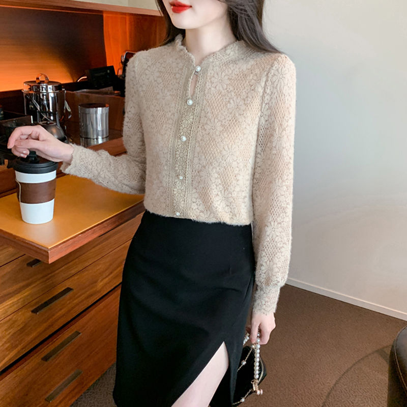 加絨蕾絲打底衫女秋冬季2023新款高級感內搭上衣別致漂亮小衫洋氣