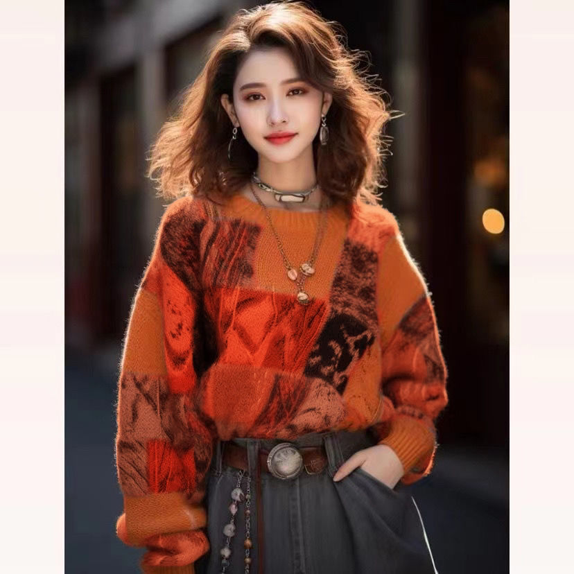 歐貨重工橘色幾何印花毛衣女秋冬2023新款慵懶小香風針織漂亮上衣