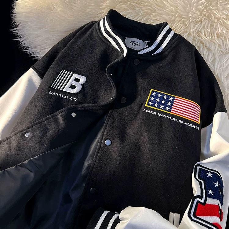美式街頭拼色刺繡棒球服男女外套秋冬季復古潮牌寬鬆情侶休閒夾克