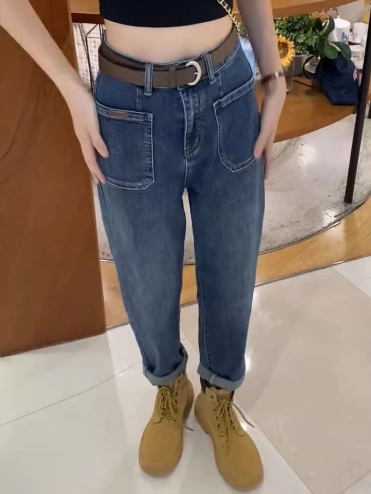 大碼梨形身材彈力老爹牛仔褲女秋冬加絨加厚胖mm顯瘦直筒哈倫褲子