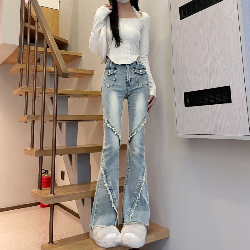 微喇牛仔褲女2023新款設計感小眾彈力馬蹄褲復古高腰喇叭褲子冬季