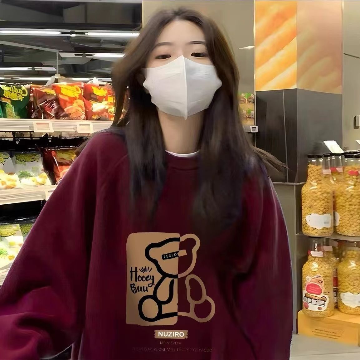 酒紅色秋冬衛衣女加絨顯瘦無帽韓版寬鬆設計感小眾圓領打底衫上衣