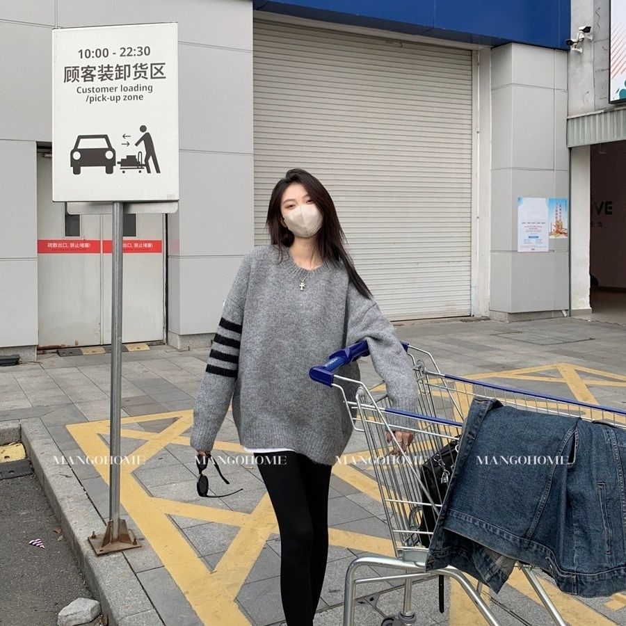 港味ins拼色條紋套頭毛衣女秋季復古顯瘦慵懶針織衫寬鬆圓領上衣