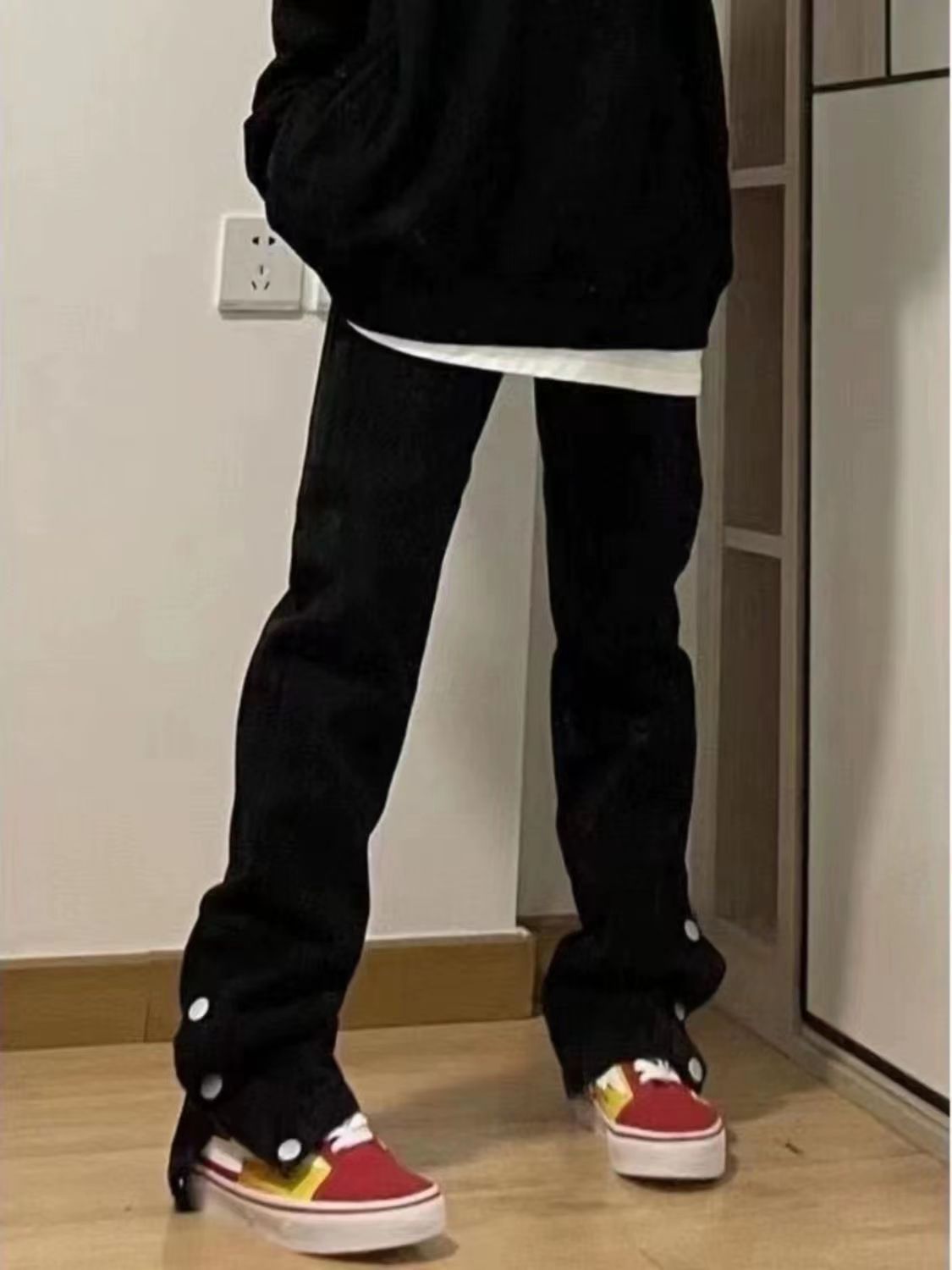 美式黑色牛仔褲女秋季新款高腰寬鬆顯瘦開叉直筒長褲高街排扣褲子