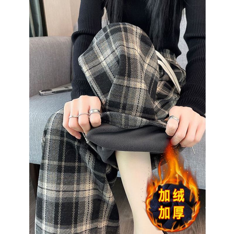 加厚毛呢格子褲子女秋冬加絨窄版闊腿褲小個子復古休閒直筒拖地褲