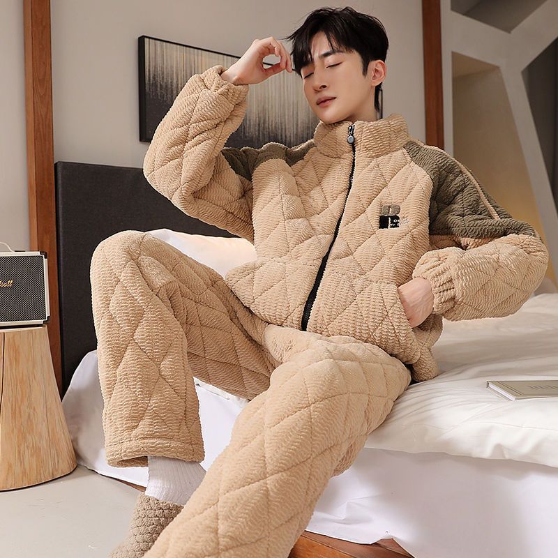 冬款男士睡衣加絨加厚三層夾棉法蘭絨保暖可外穿秋冬季家居服套裝