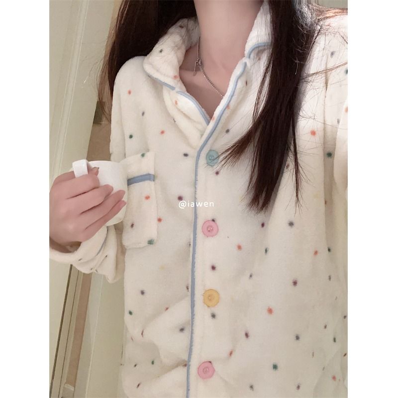 少女ins甜美彩色波點珊瑚絨睡衣女秋冬款加絨加厚保暖家居服套裝
