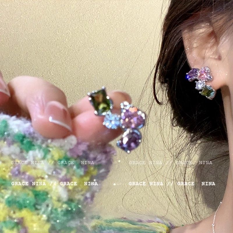 芭比Q了~幾何微鑲彩鋯耳釘輕奢高級感獨特耳環2023新款爆款耳飾女