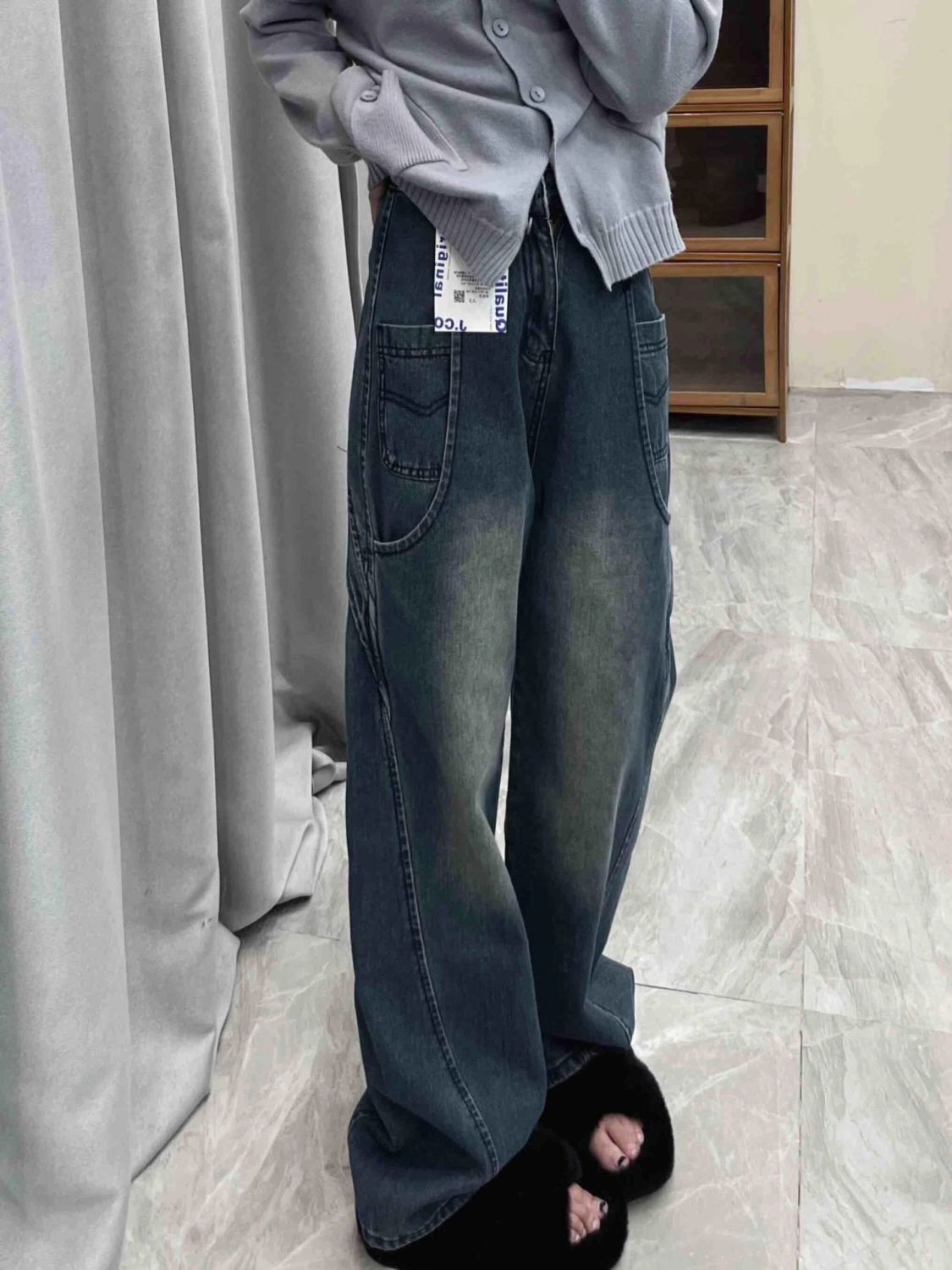 美式復古闊腿牛仔褲女秋季新款設計感顯瘦寬鬆高腰直筒拖地褲子潮