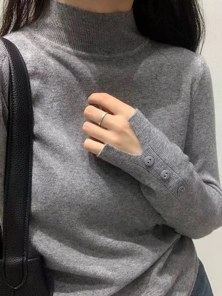 PROMONE灰色半高領修身針織衫上衣女冬季高級感內搭軟糯打底毛衣