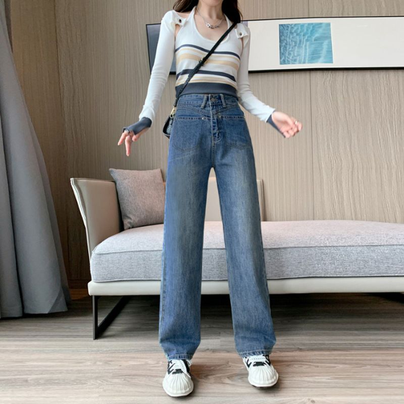 休閒韓版牛仔褲女2023秋冬高腰前兩側口袋設計寬鬆闊腿直筒牛仔褲