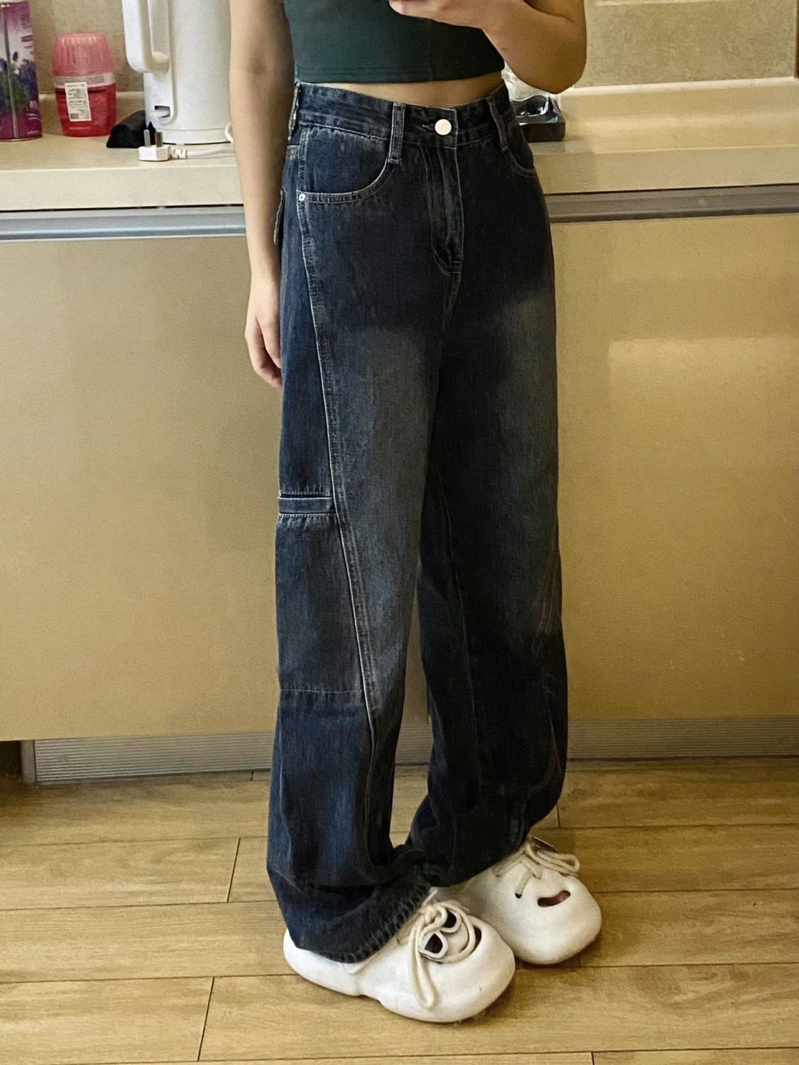 美式復古工裝牛仔褲女秋季新款高腰寬鬆顯瘦設計感直筒闊腿褲子女