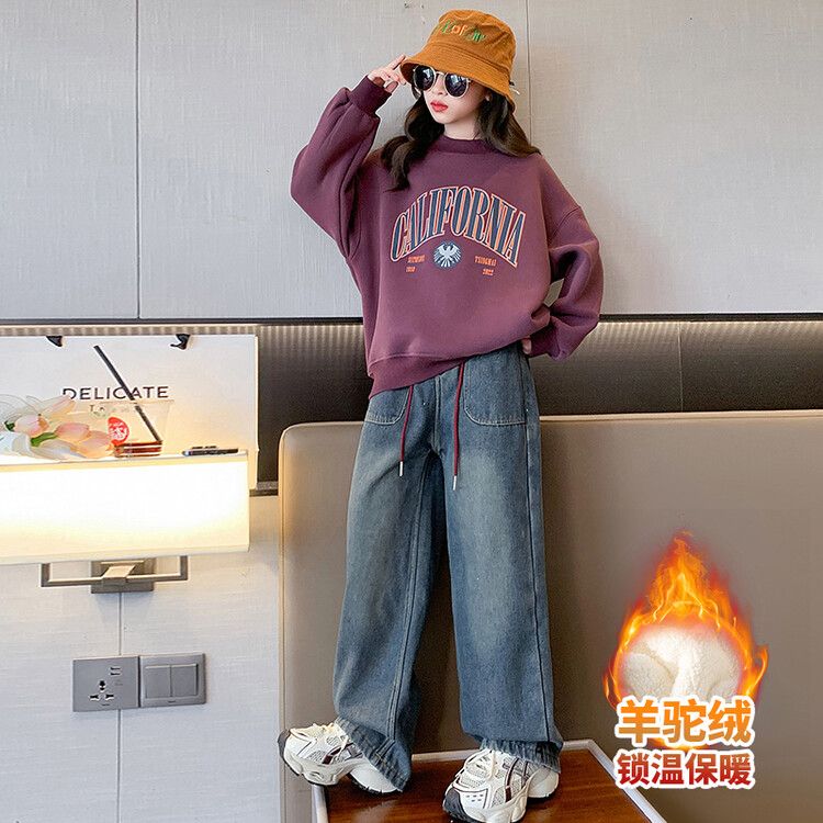 女童加絨牛仔褲2023冬裝新款兒童韓版洋氣寶寶加厚寬鬆直筒褲子潮